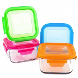 Set de boîtes à repas carrées en verre trempé avec couvercle - 4 x 490 ml