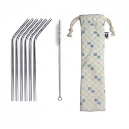 Set de 6 pailles inox coudées avec symbole gravé et goupillon